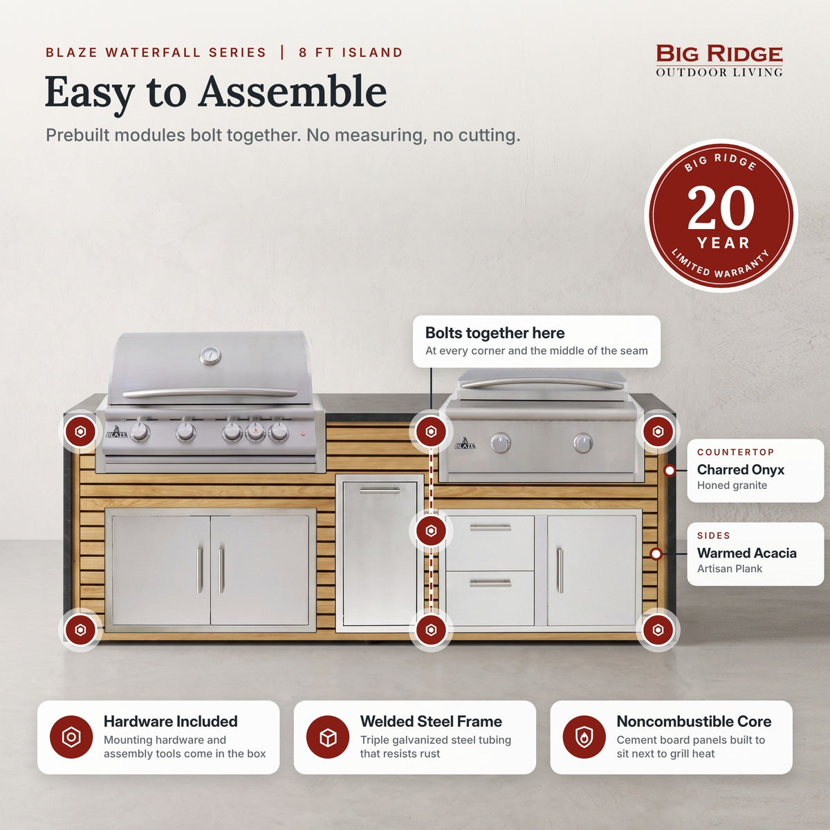 Island bolts together at each corner and the middle seam, backed by a Big Ridge 20 year limited warranty