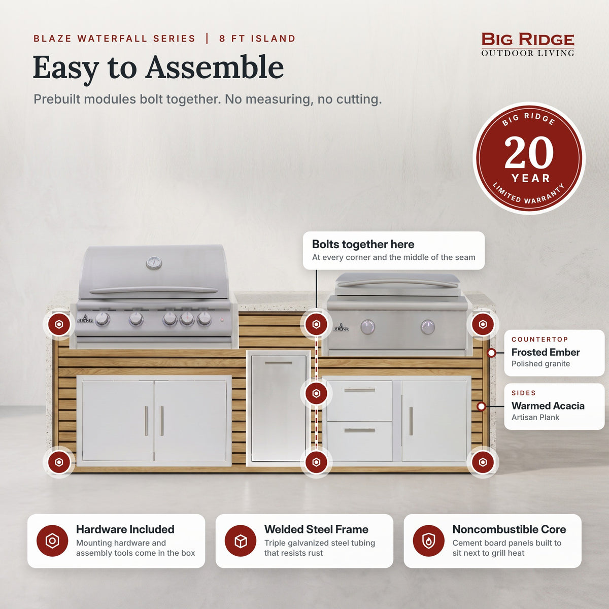 Island bolts together at each corner and the middle seam, backed by a Big Ridge 20 year limited warranty