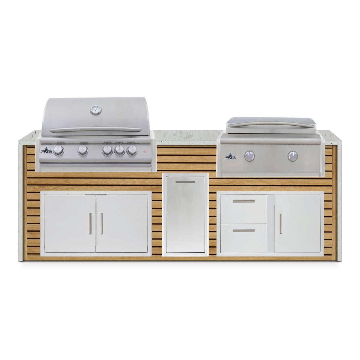 Front view of the Warmed Acacia and Frosted Ember 8 ft island with Blaze grill and griddle over double doors, a trash drawer and a door and drawer combo