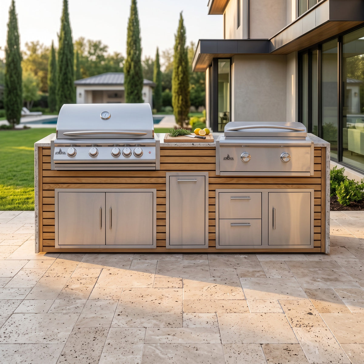 Warmed Acacia grill and griddle island with Frosted Ember granite top on a travertine patio by a modern home with lawn and pool behind