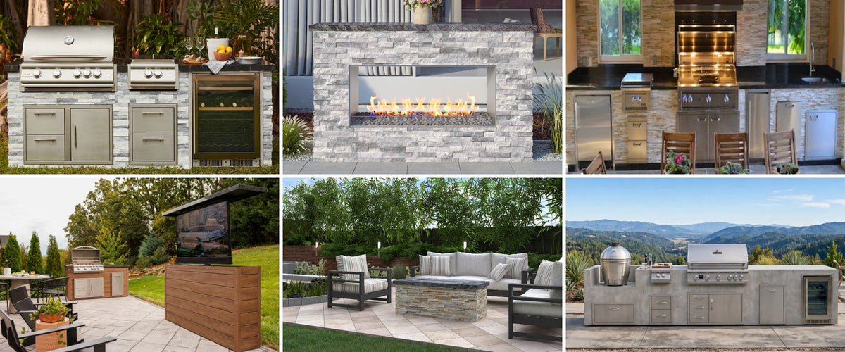 Big Ridge outdoor kitchens, a stone fireplace, a fire table and a TV lift cabinet on sale