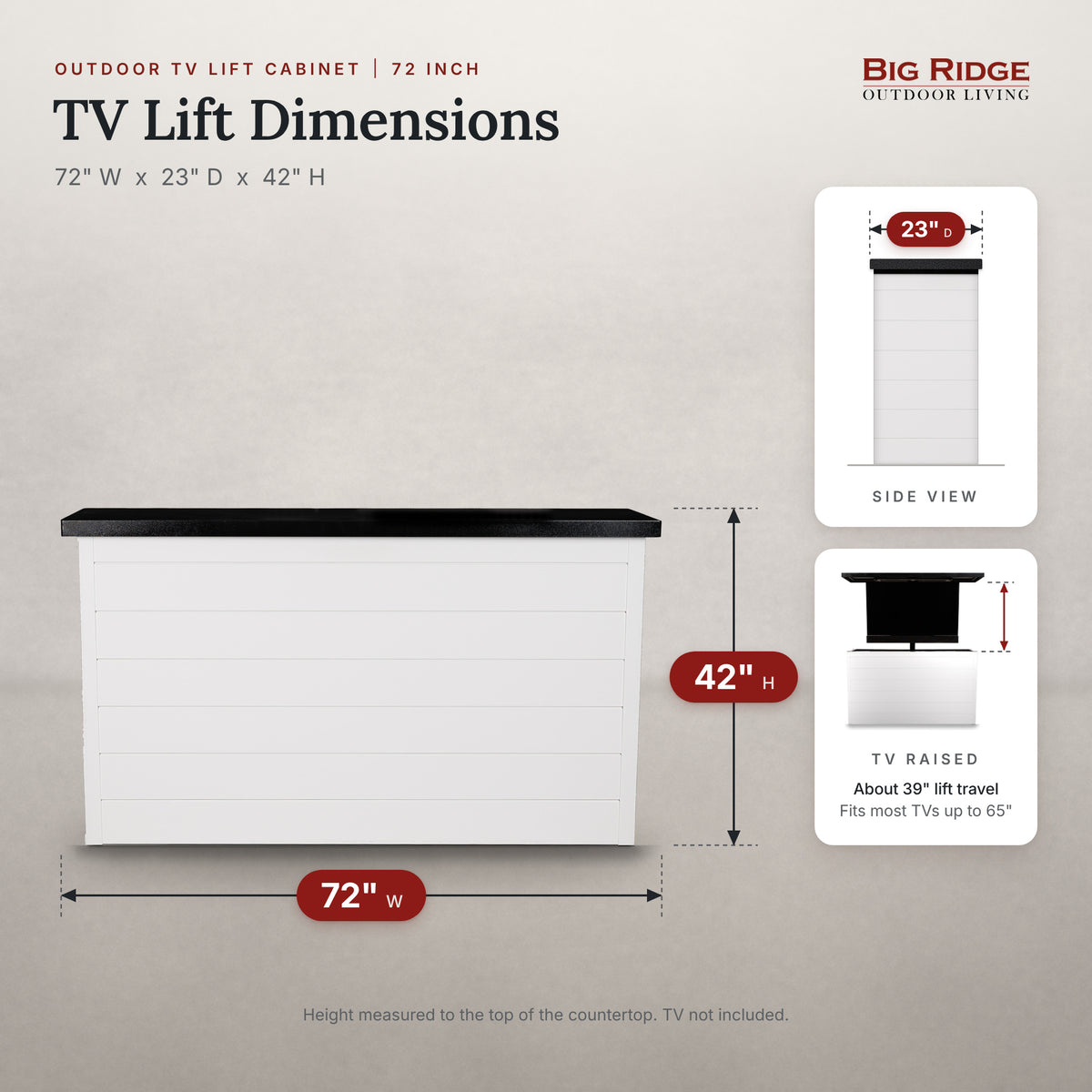 Alpine Crest 6 inch ArtisanPlank TV lift cabinet measures 72 inches wide, 23 inches deep and 42 inches high
