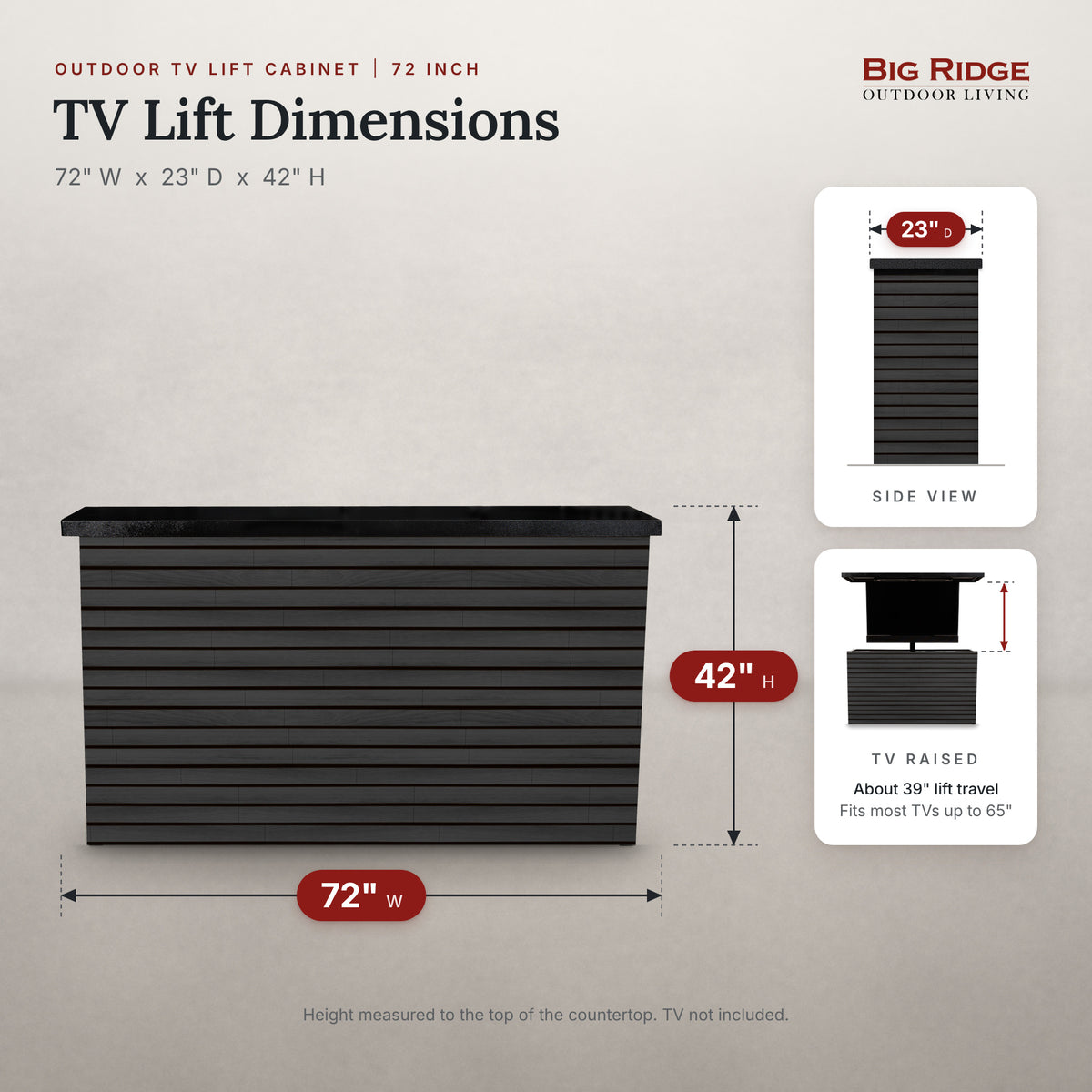 Cindered Ash 2 inch horizontal ArtisanPlank TV lift cabinet measures 72 inches wide, 23 inches deep and 42 inches high