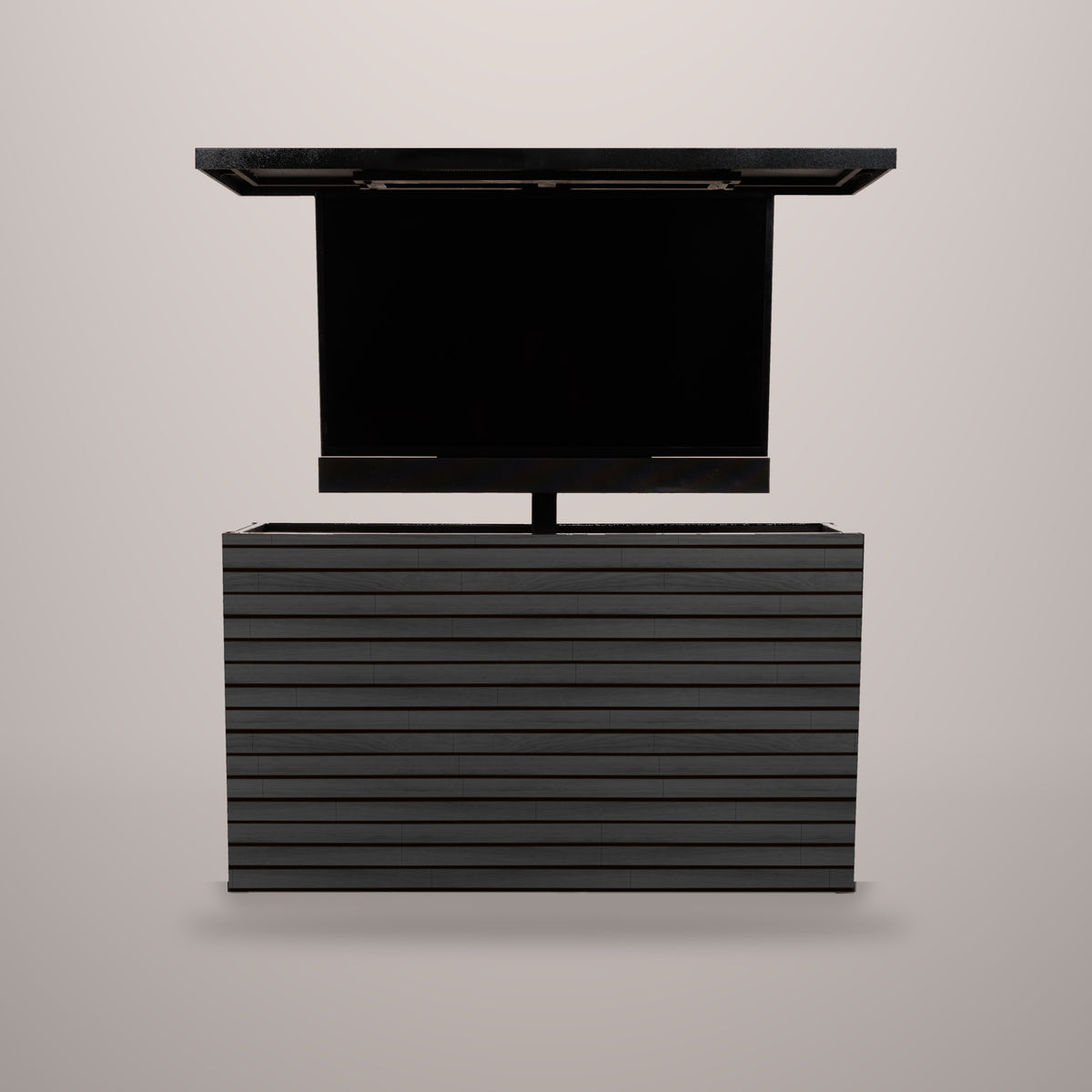Cindered Ash 2 inch horizontal ArtisanPlank outdoor TV lift cabinet with the TV raised and a hammered black aluminum top