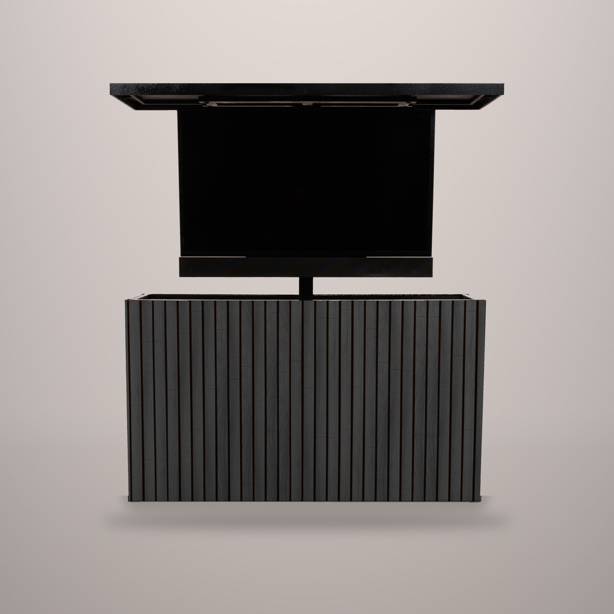 Cindered Ash 2 inch vertical ArtisanPlank outdoor TV lift cabinet with the TV raised and a hammered black aluminum top