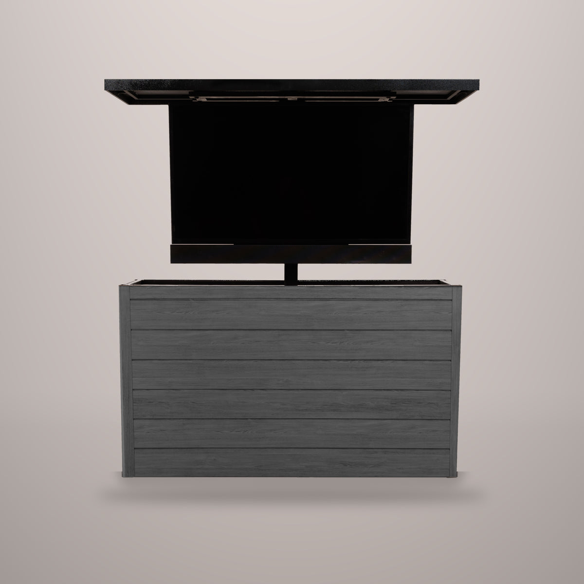 Cindered Ash 6 inch ArtisanPlank outdoor TV lift cabinet with the TV raised and a hammered black aluminum top