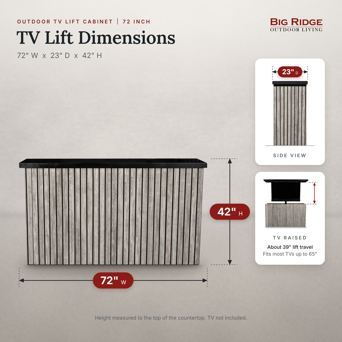 Drifted Cypress 2 inch vertical ArtisanPlank TV lift cabinet measures 72 inches wide, 23 inches deep and 42 inches high