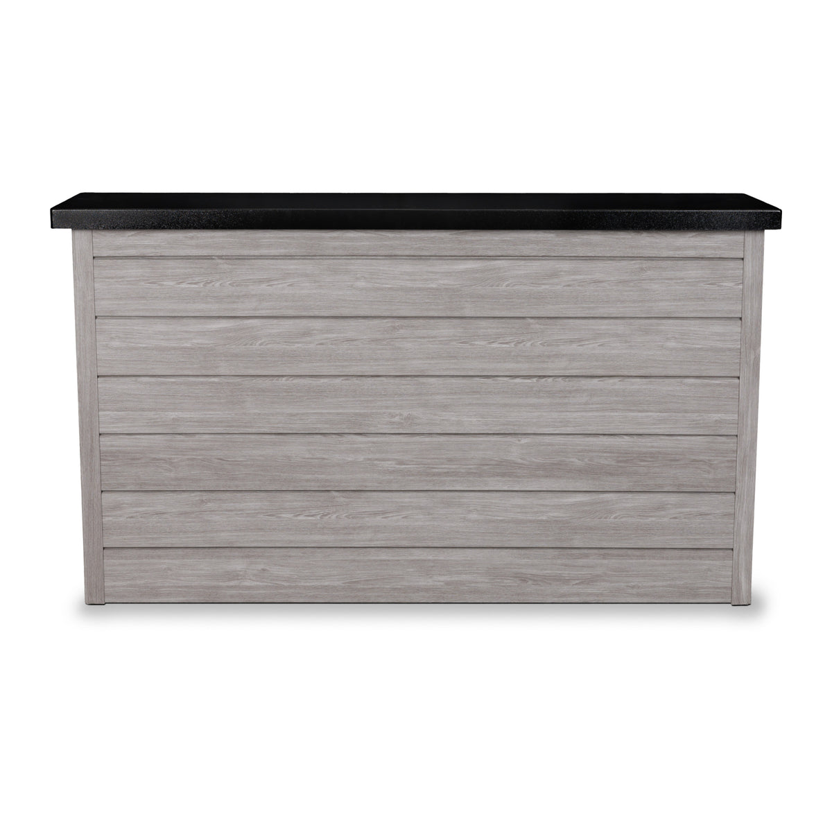 Front view of the Drifted Cypress 6 inch ArtisanPlank TV lift cabinet with the TV lowered