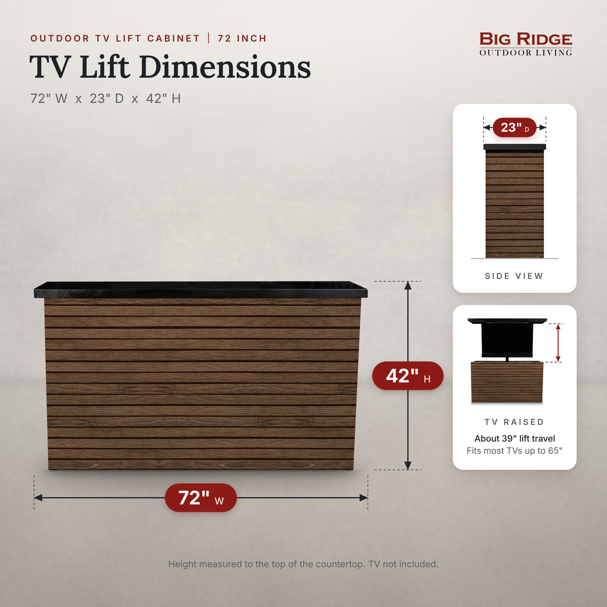 Umbered Oak 2 inch horizontal ArtisanPlank TV lift cabinet measures 72 inches wide, 23 inches deep and 42 inches high