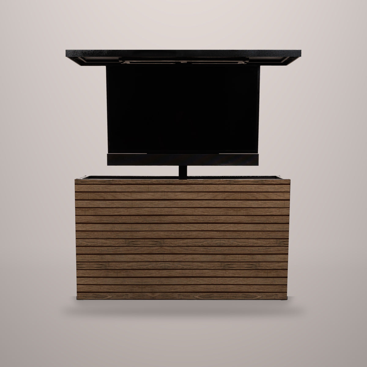 Umbered Oak 2 inch horizontal ArtisanPlank outdoor TV lift cabinet with the TV raised and a hammered black aluminum top