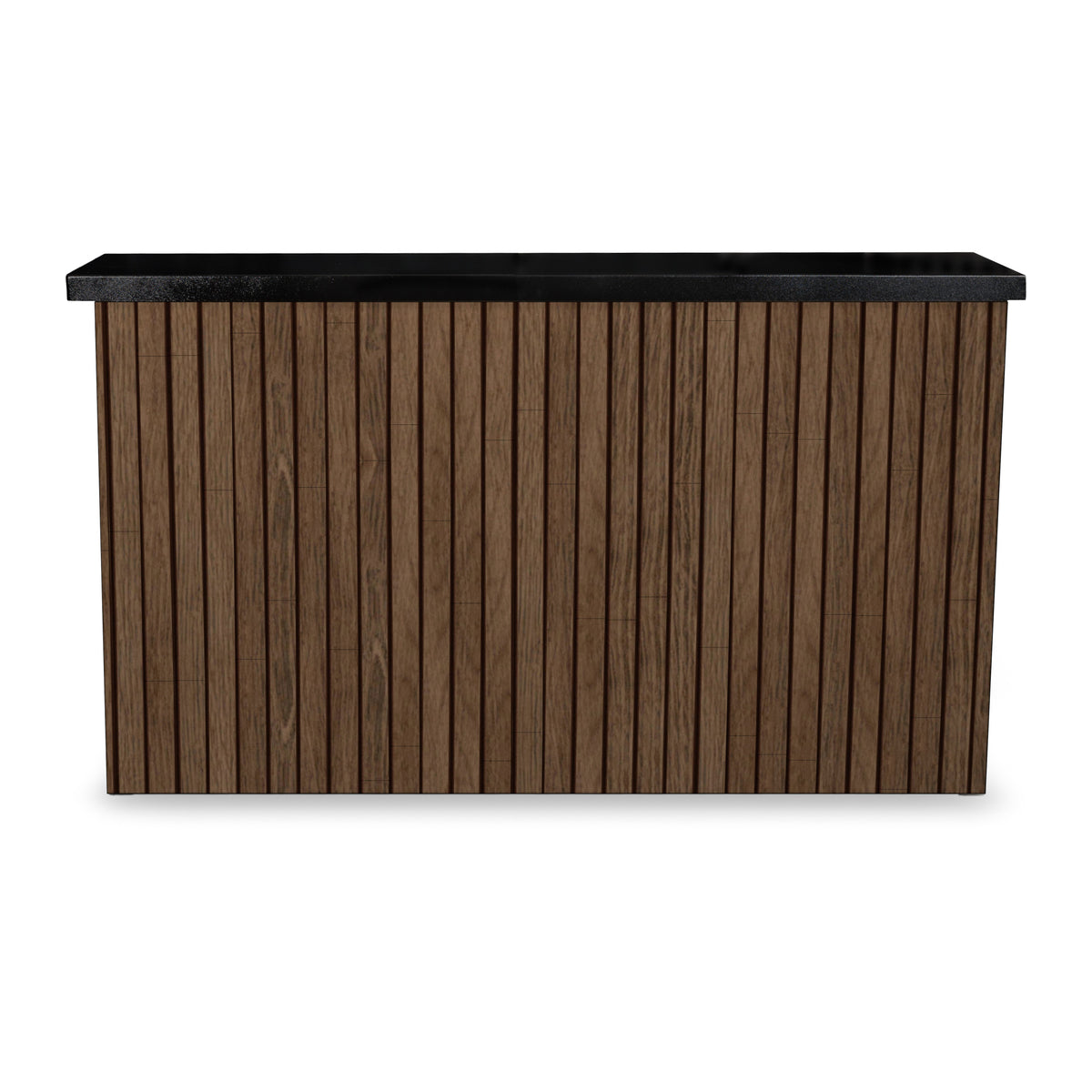 Front view of the Umbered Oak 2 inch vertical ArtisanPlank TV lift cabinet with the TV lowered