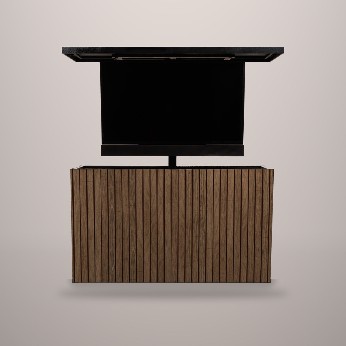 Umbered Oak 2 inch vertical ArtisanPlank outdoor TV lift cabinet with the TV raised and a hammered black aluminum top