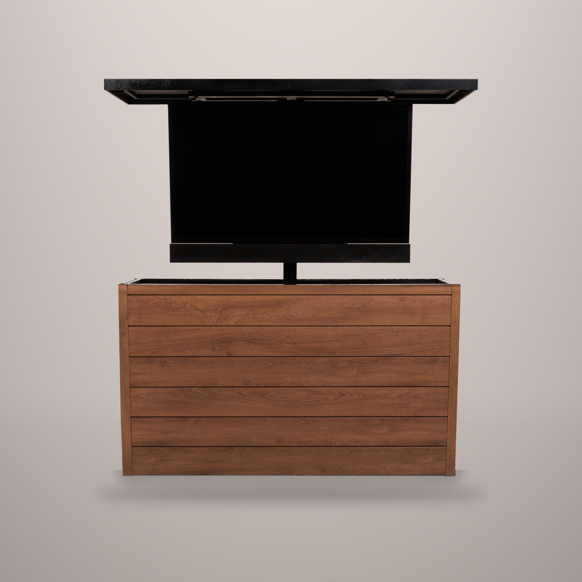 Umbered Oak 6 inch ArtisanPlank outdoor TV lift cabinet with the TV raised and a hammered black aluminum top