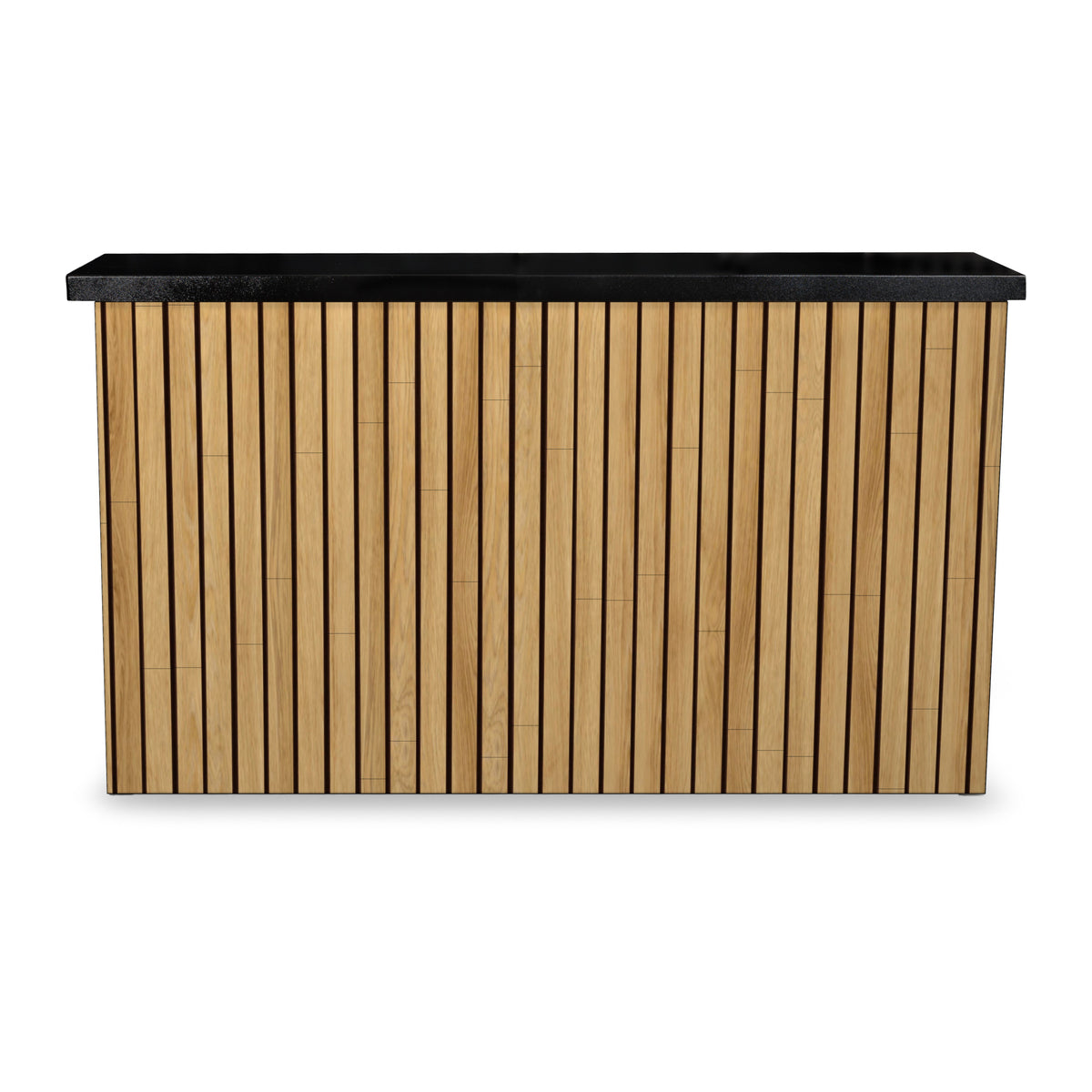 Front view of the Warmed Acacia 2 inch vertical ArtisanPlank TV lift cabinet with the TV lowered