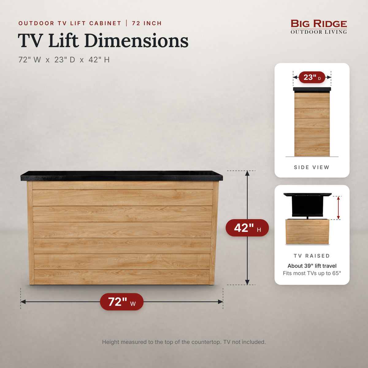 Warmed Acacia 6 inch ArtisanPlank TV lift cabinet measures 72 inches wide, 23 inches deep and 42 inches high