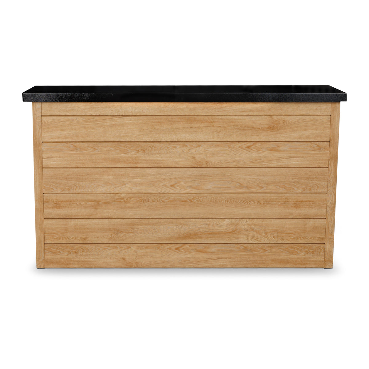 Front view of the Warmed Acacia 6 inch ArtisanPlank TV lift cabinet with the TV lowered
