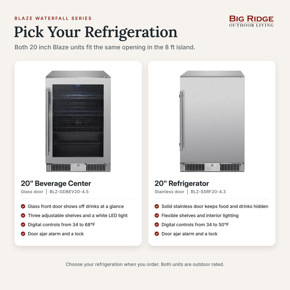 Blaze 20 inch beverage center and 20 inch refrigerator, both fit the same opening in the 8 ft island