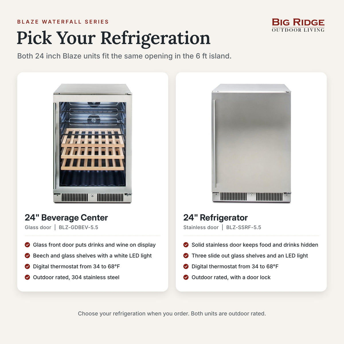 Blaze 24 inch beverage center and 24 inch refrigerator, both fit the same opening in the 6 ft island