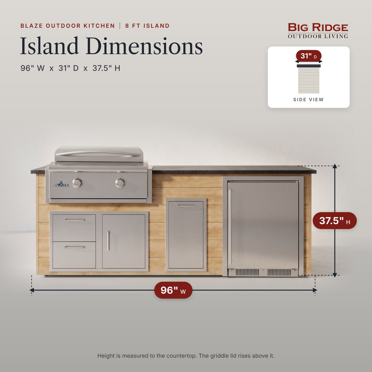 Blaze 8 ft outdoor kitchen island with a 30 inch griddle, outdoor refrigerator and trash drawer, 96 inches wide, 31 inches deep and 37.5 inches high to the countertop