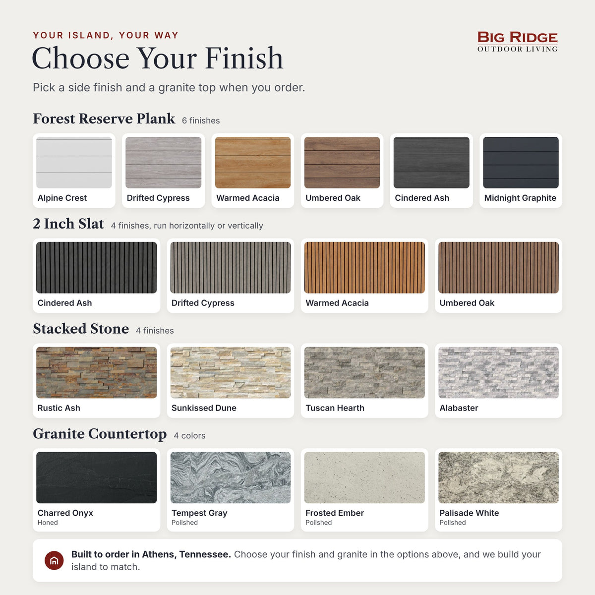 Finish choices for Blaze outdoor kitchen islands: six Forest Reserve plank colors, four 2 inch slat colors that run horizontally or vertically, four stacked stones and four granite countertops