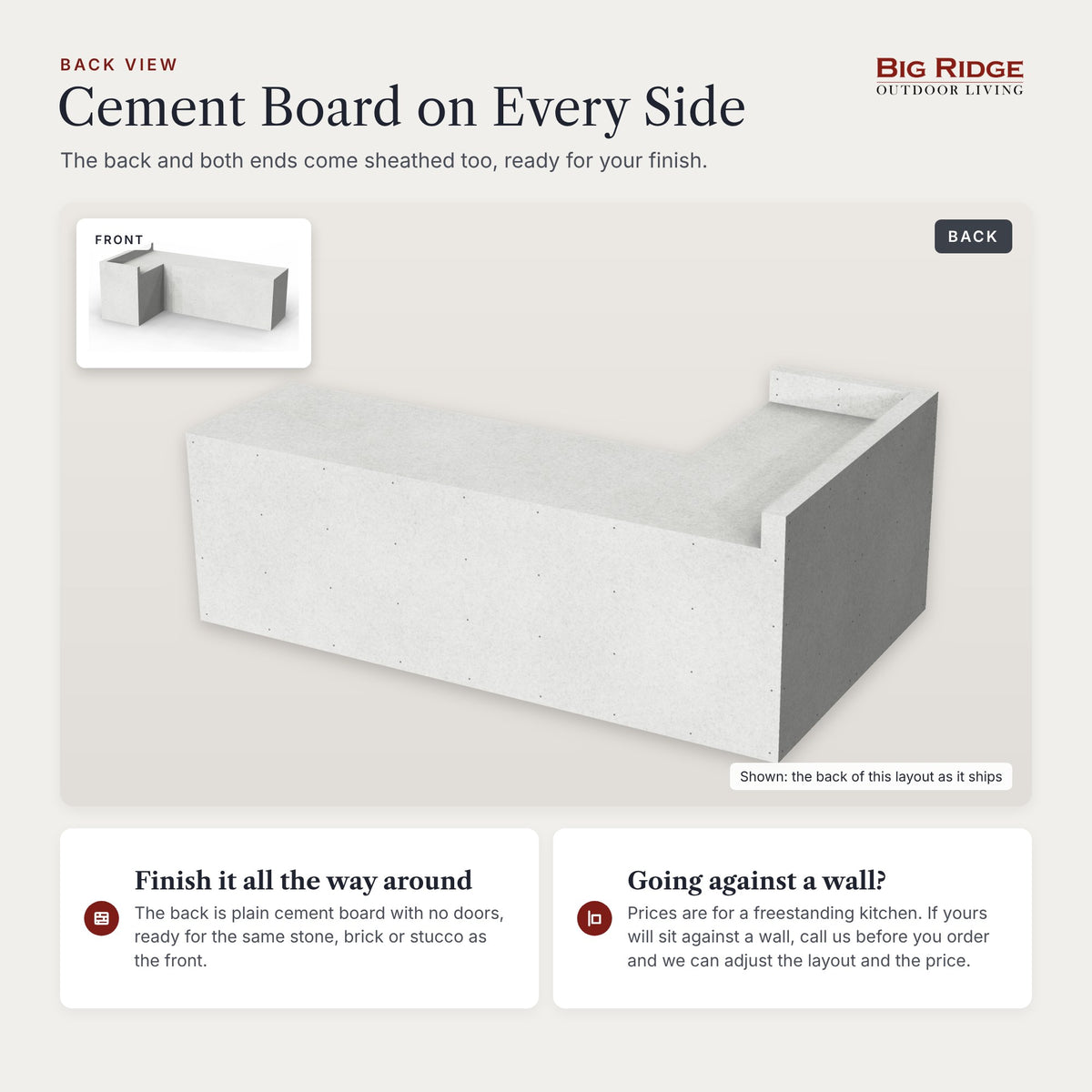 Back of the 9.5 x 5.5 ft L shaped Design Ready outdoor kitchen as it ships in plain cement board, ready for stone, brick or stucco