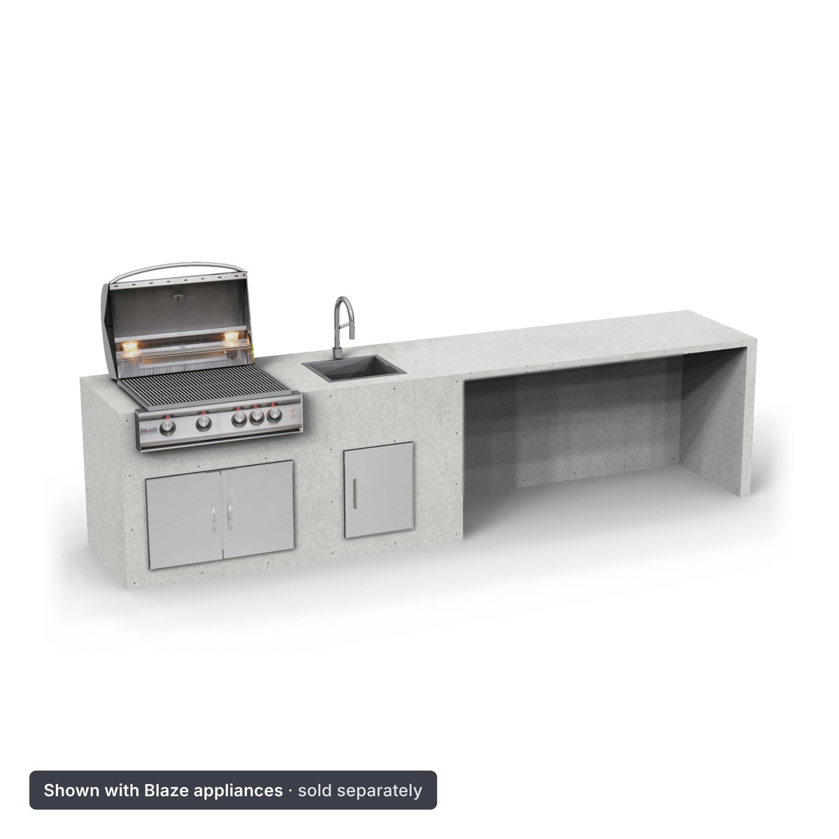 142 inch straight Design Ready outdoor kitchen with a bar table shown with a Blaze grill and sink, appliances sold separately