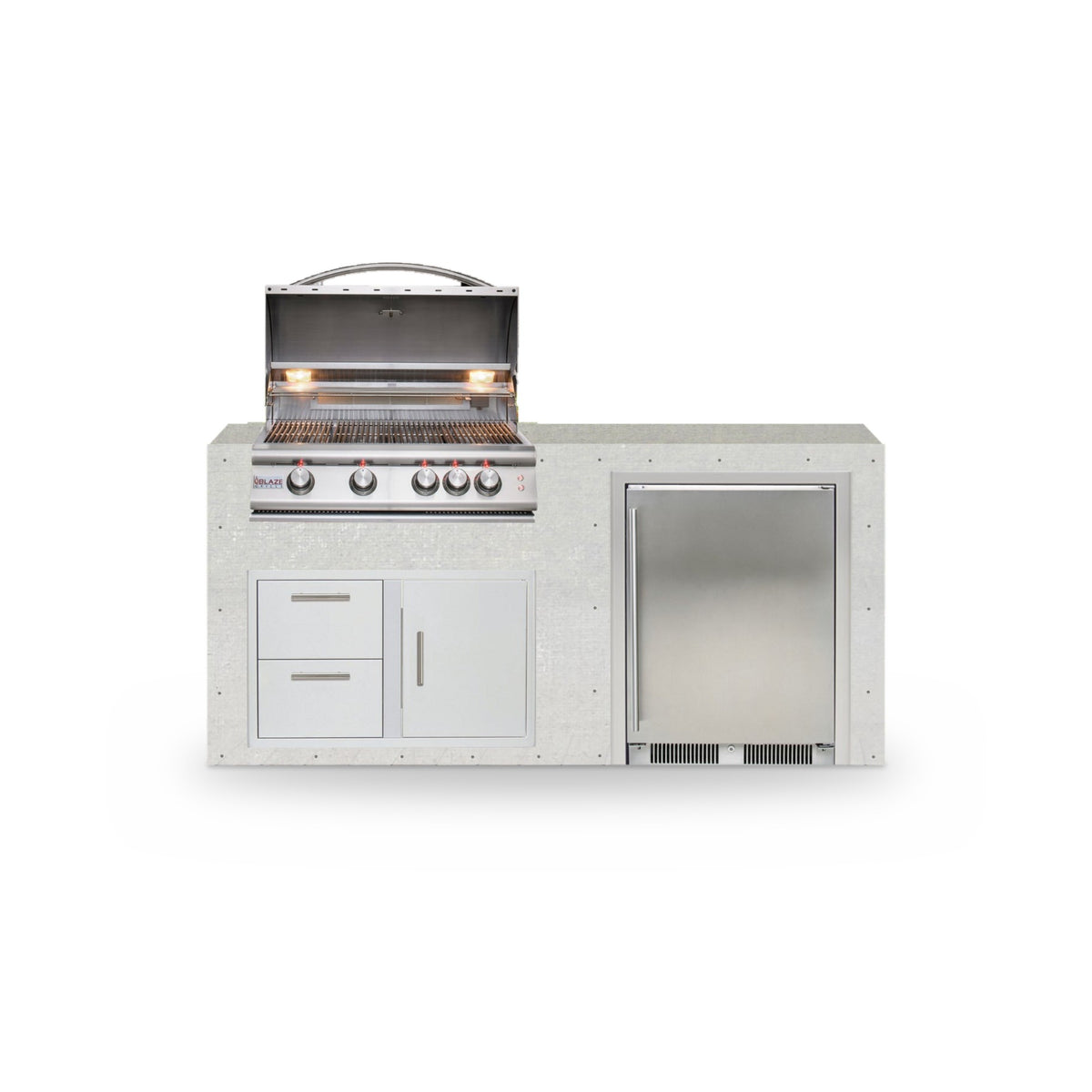 6 ft Design Ready outdoor kitchen in plain cement board with a Blaze 32 inch LTE grill, drawers and refrigerator