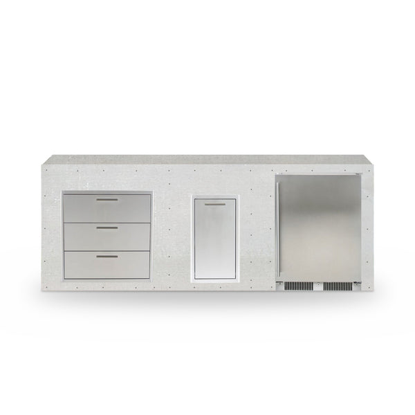 8 ft Design Ready outdoor kitchen in plain cement board with Blaze triple drawers, trash drawer and refrigerator