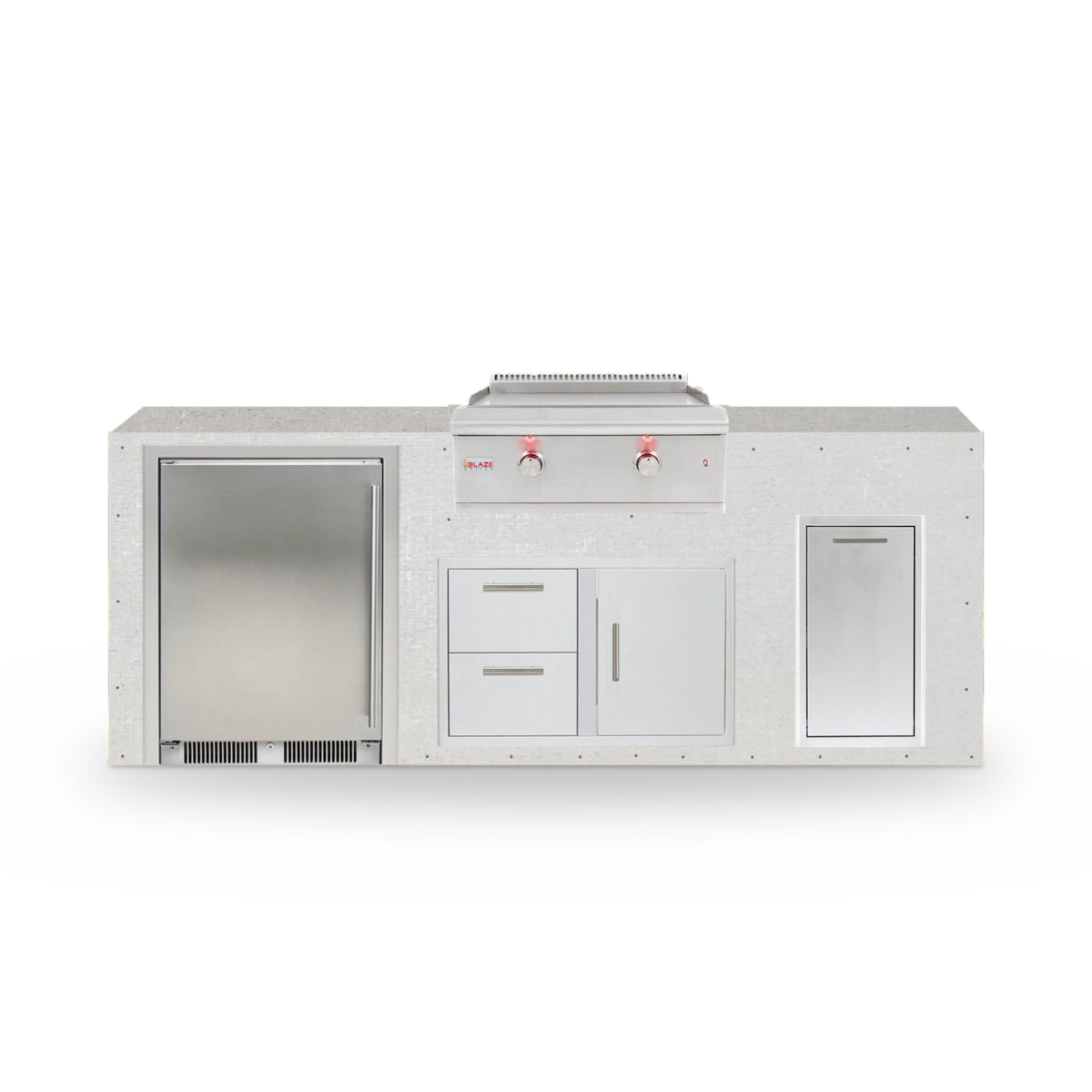 8 ft Design Ready outdoor kitchen in plain cement board with a Blaze 30 inch griddle, refrigerator and storage
