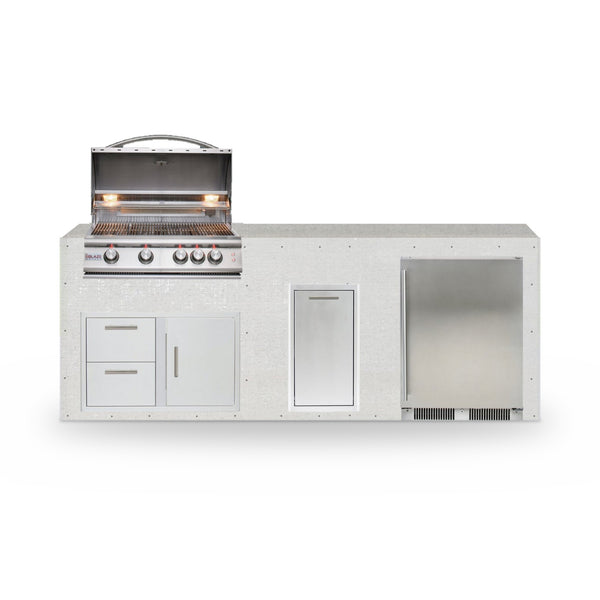 8 ft Design Ready outdoor kitchen in plain cement board with a Blaze 32 inch grill, refrigerator and storage