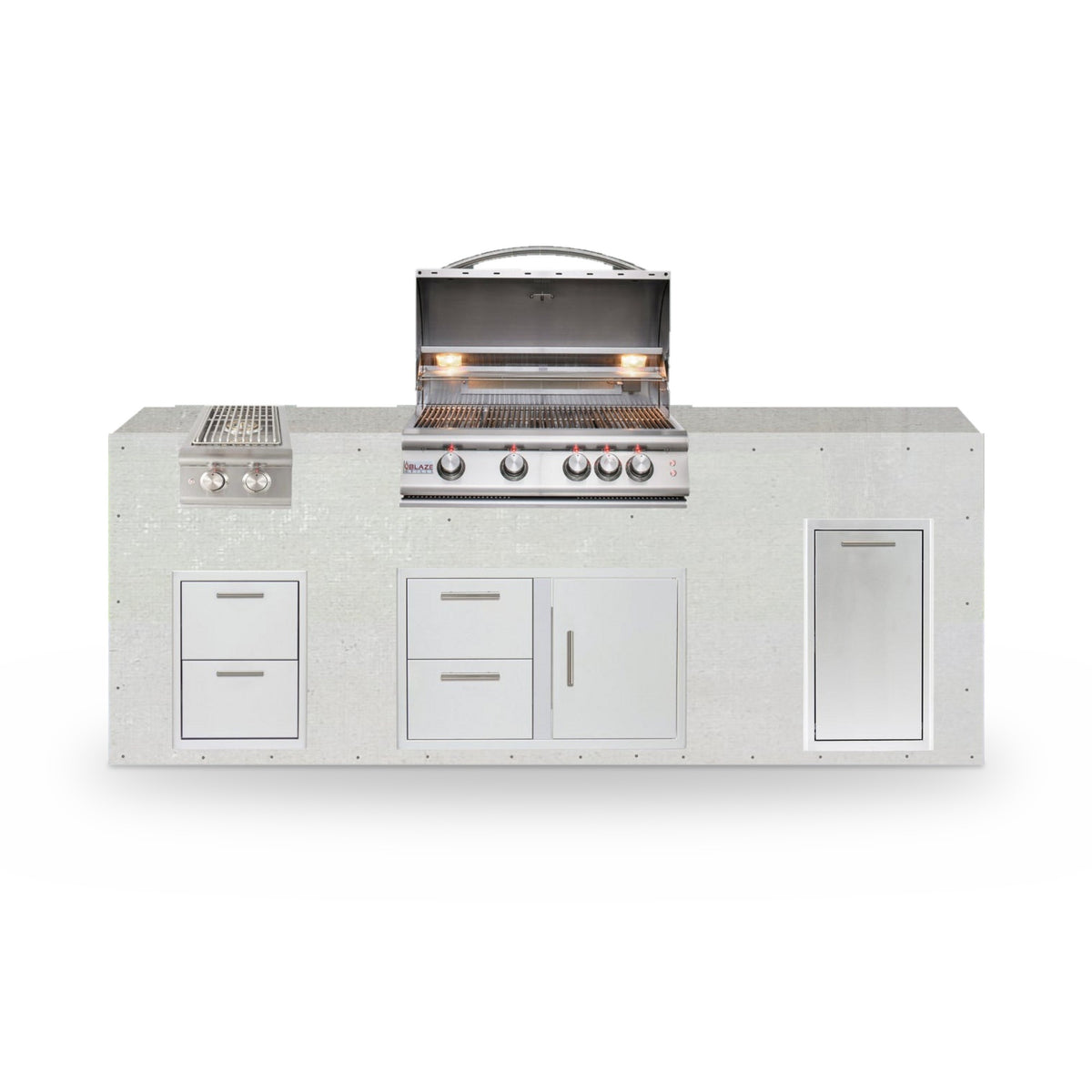 8 ft Design Ready outdoor kitchen in plain cement board with a Blaze 32 inch grill, double side burner and storage