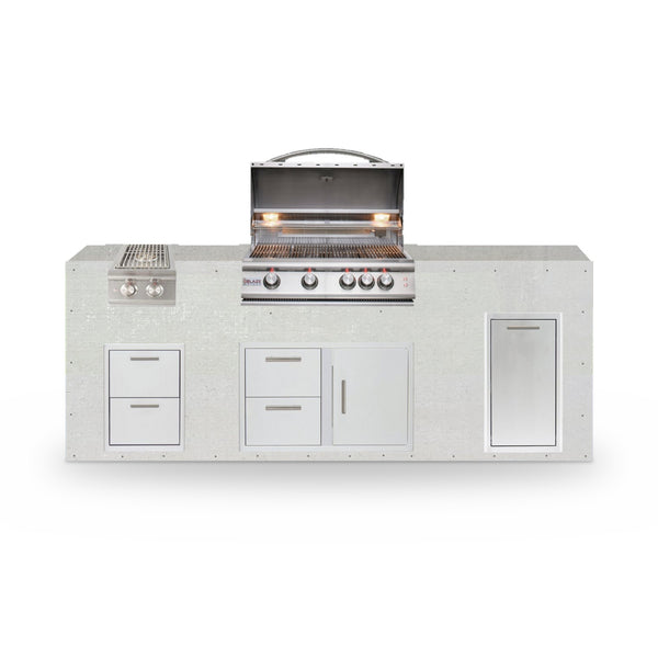8 ft Design Ready outdoor kitchen in plain cement board with a Blaze 32 inch grill, double side burner and storage