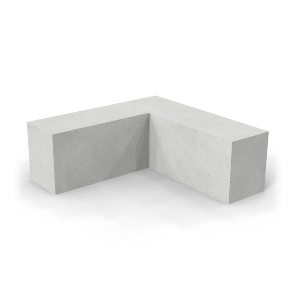 97 x 98 inch L shaped Design Ready outdoor kitchen laid out for a grill, side burner, refrigerator and sink, as it ships in plain cement board with no appliance openings