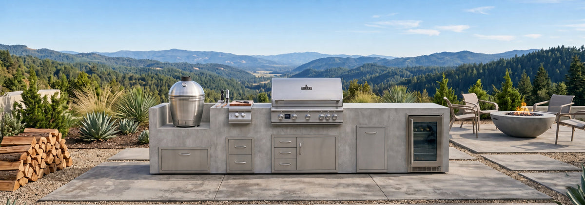 Design Ready outdoor kitchen, ready to finish, with a built in grill and kamado on a mountain view patio