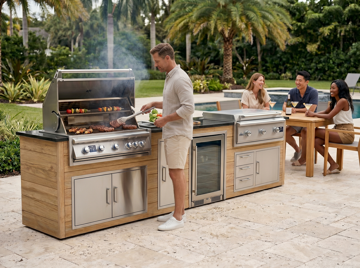 Outdoor kitchen island with a built in grill and friends dining on the patio