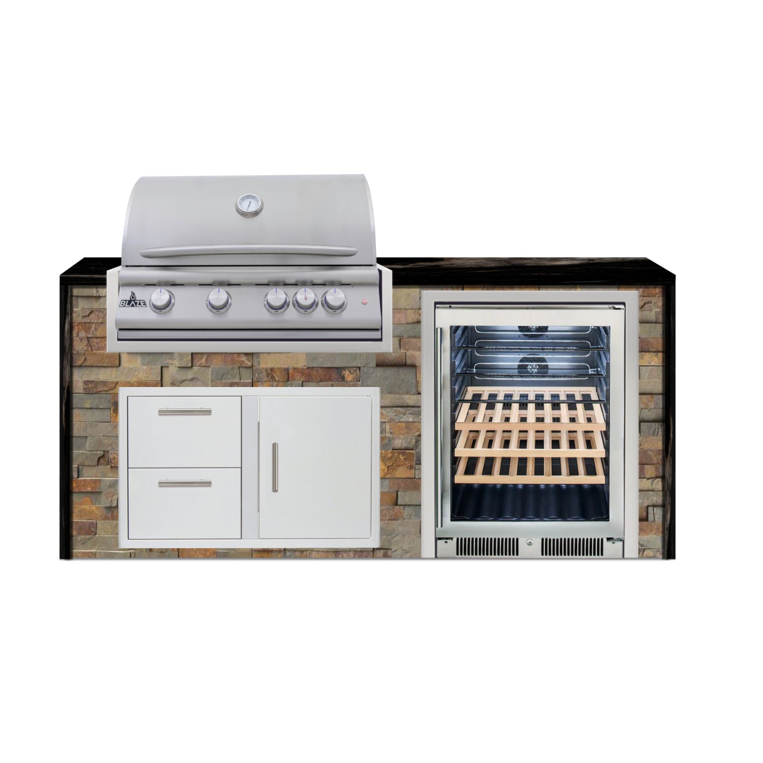 Blaze 72" Luxury Waterfall Finished Outdoor Kitchen PKG 3-ST-BLZ-3L+WF-ST