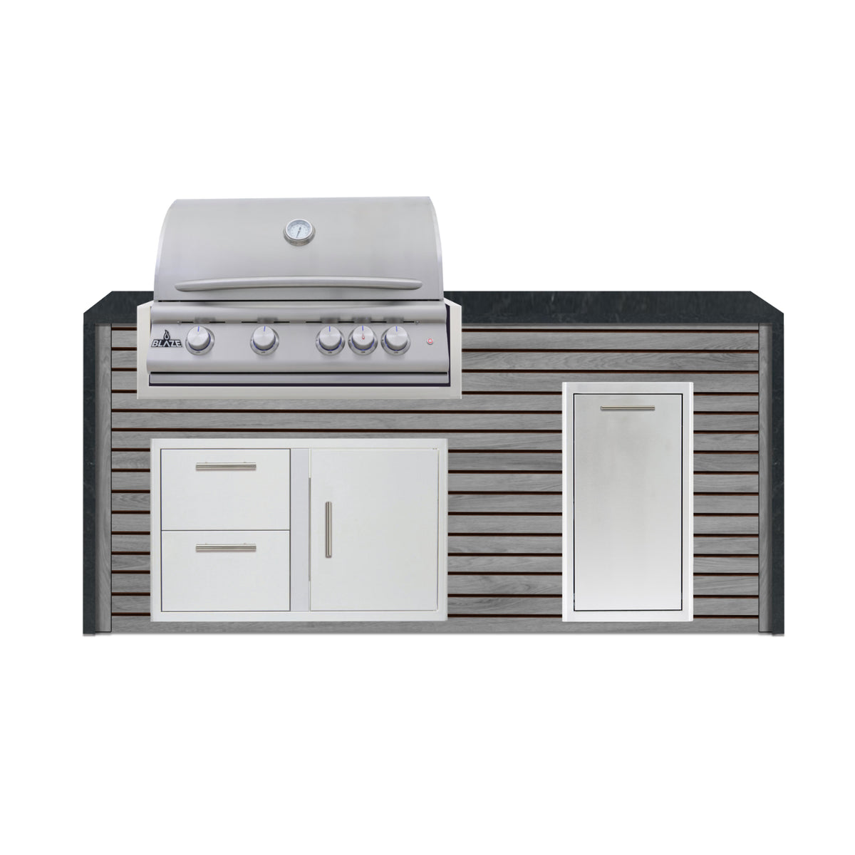 Blaze 6 ft outdoor kitchen island in Barnboard Gray ArtisanPlank with Nero granite waterfall countertop