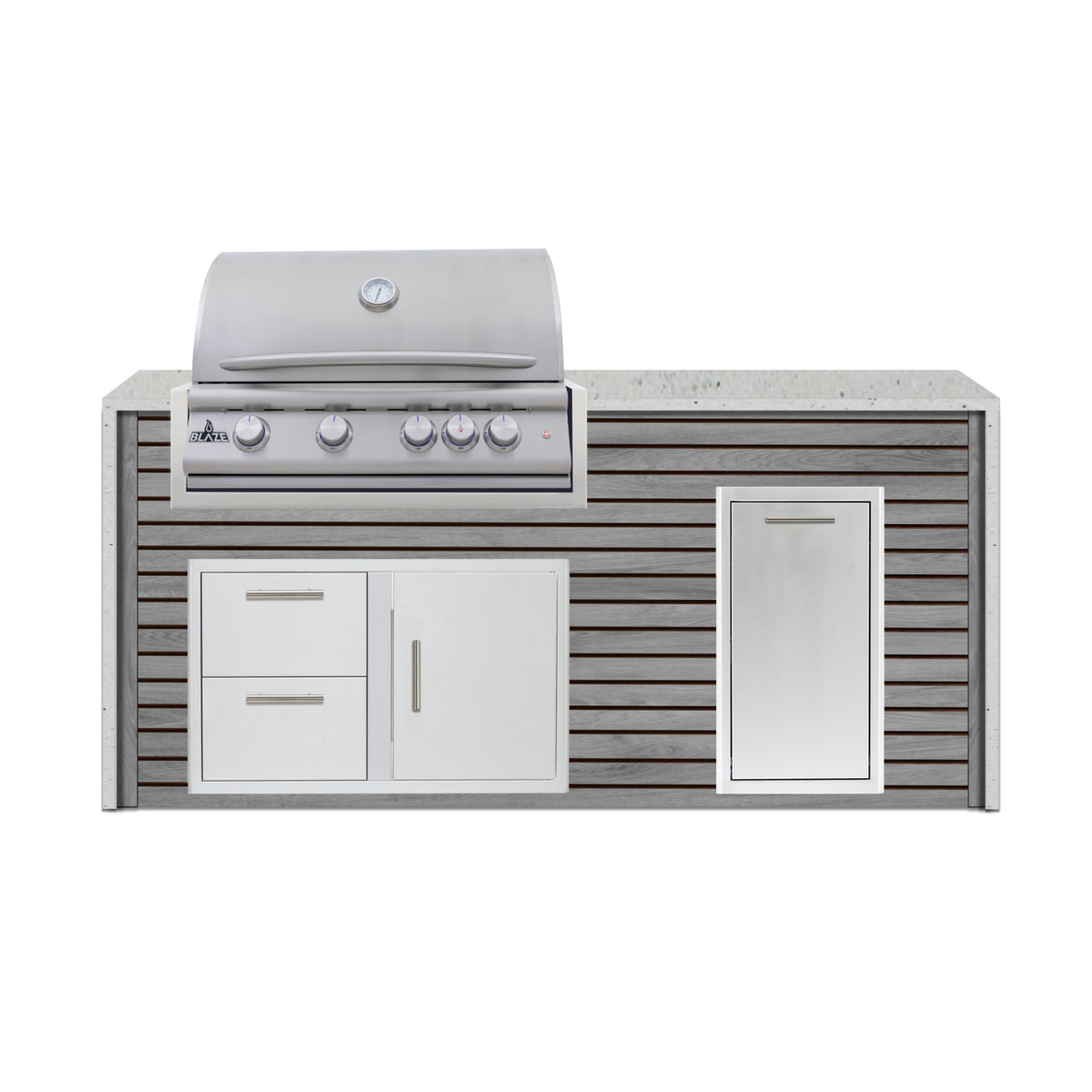 Blaze 6 ft outdoor kitchen island in Barnboard Gray ArtisanPlank with Pitaya granite waterfall countertop