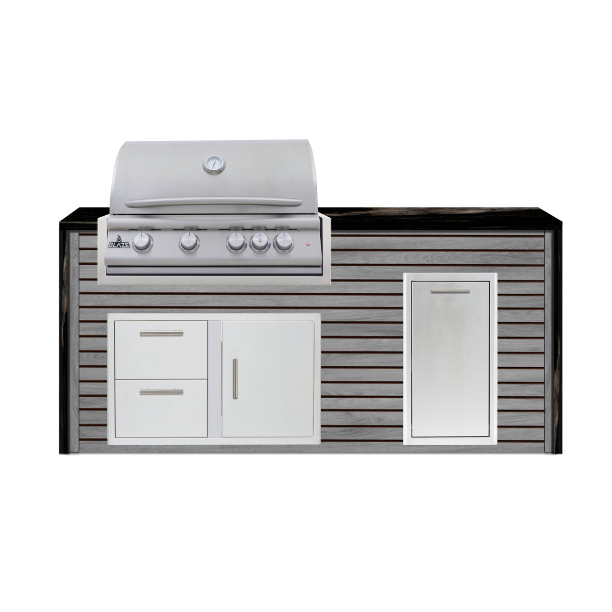 Blaze 6 ft outdoor kitchen island in Barnboard Gray ArtisanPlank with Titanium granite waterfall countertop