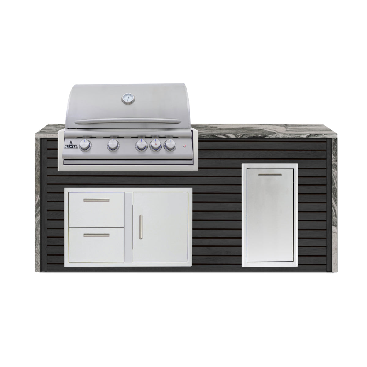 Blaze 6 ft outdoor kitchen island in Charred Black ArtisanPlank with Gray Mist granite waterfall countertop