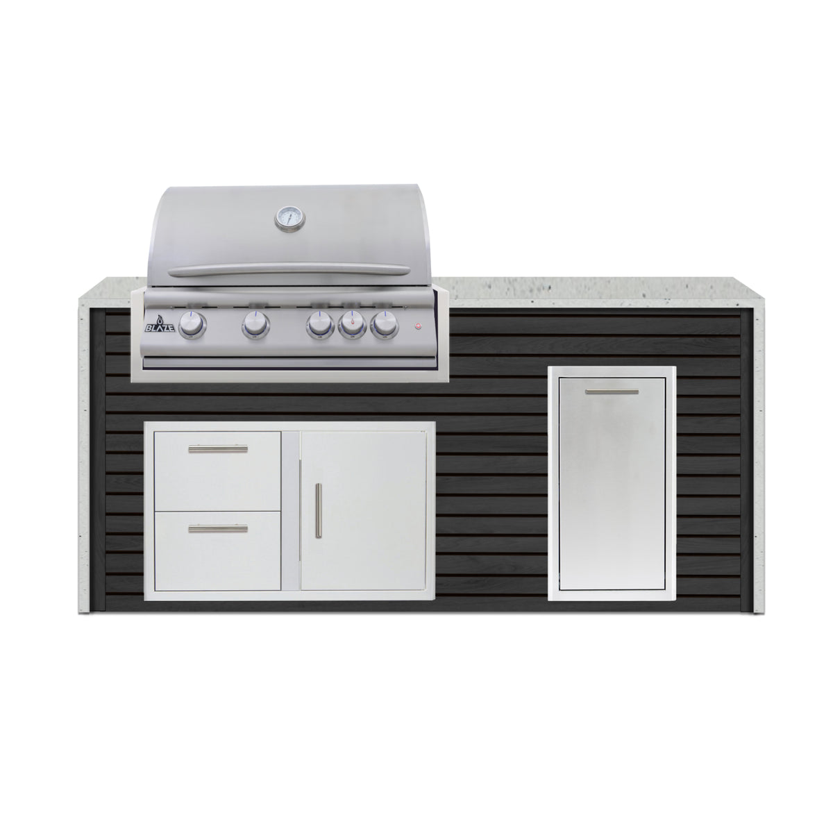 Blaze 6 ft outdoor kitchen island in Charred Black ArtisanPlank with Pitaya granite waterfall countertop