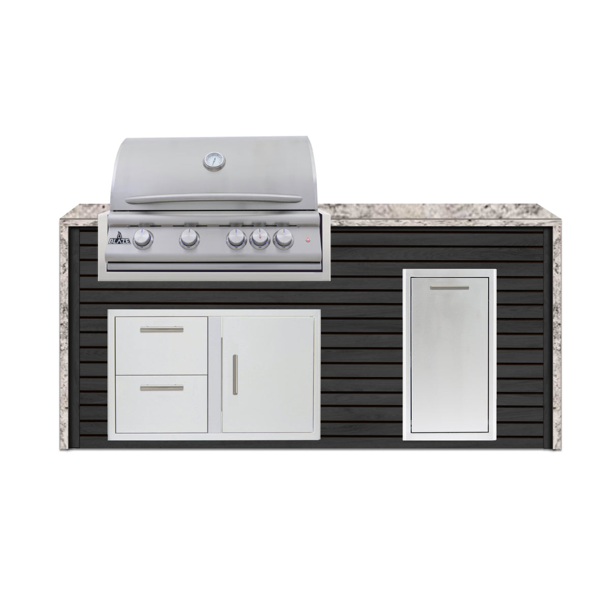 Blaze 6 ft outdoor kitchen island in Charred Black ArtisanPlank with White Valley granite waterfall countertop