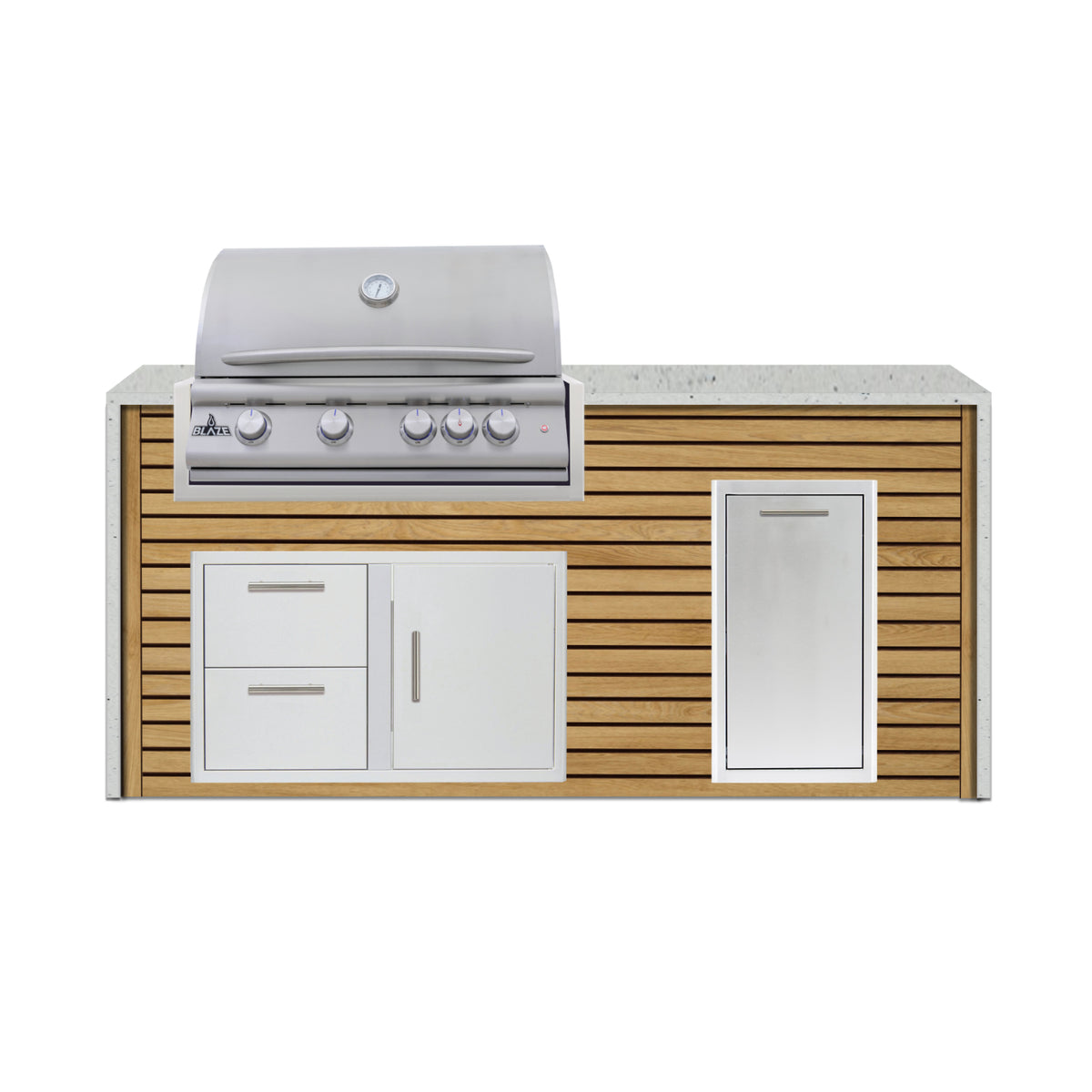 Blaze 6 ft outdoor kitchen island in Sunbleached Oak ArtisanPlank with Pitaya granite waterfall countertop