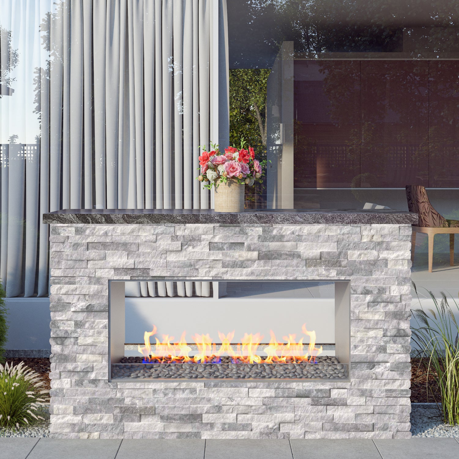 Luxury Linear Outdoor See Through Fireplace Fully Finished-BR-LF72-ST