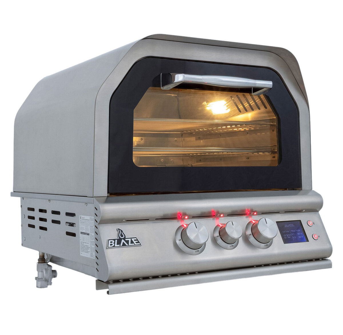 Blaze 26 inch outdoor pizza oven with the interior lights on