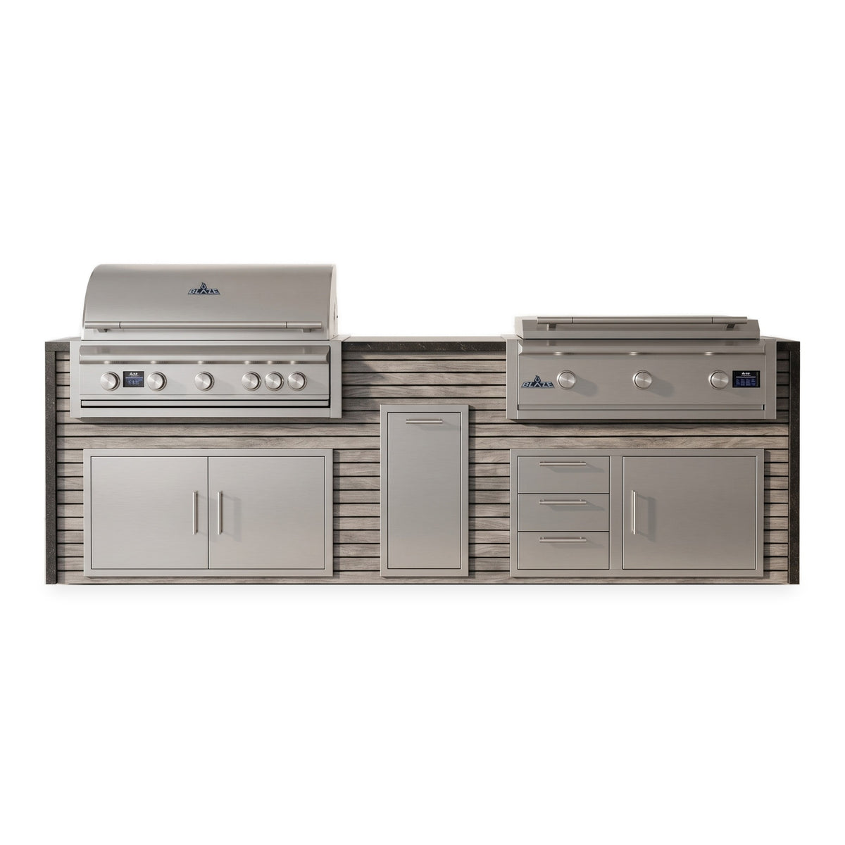 Front view of the Drifted Cypress and Charred Onyx 10 ft island with Blaze grill and griddle over double doors, a trash drawer and a door and triple drawer combo