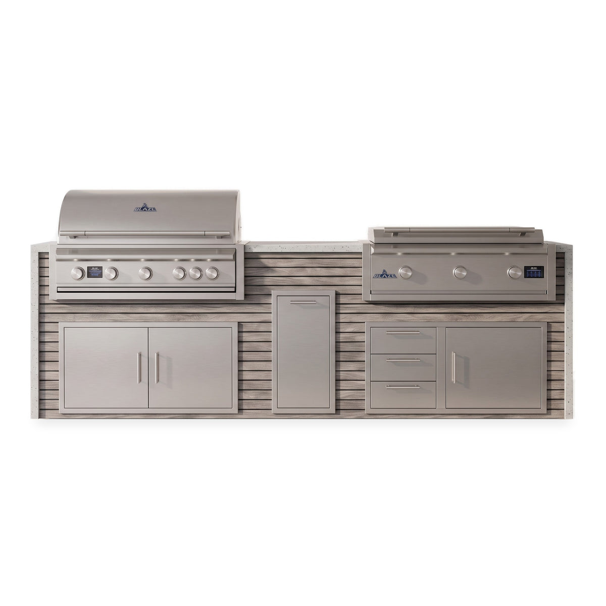 Front view of the Drifted Cypress and Frosted Ember 10 ft island with Blaze grill and griddle over double doors, a trash drawer and a door and triple drawer combo