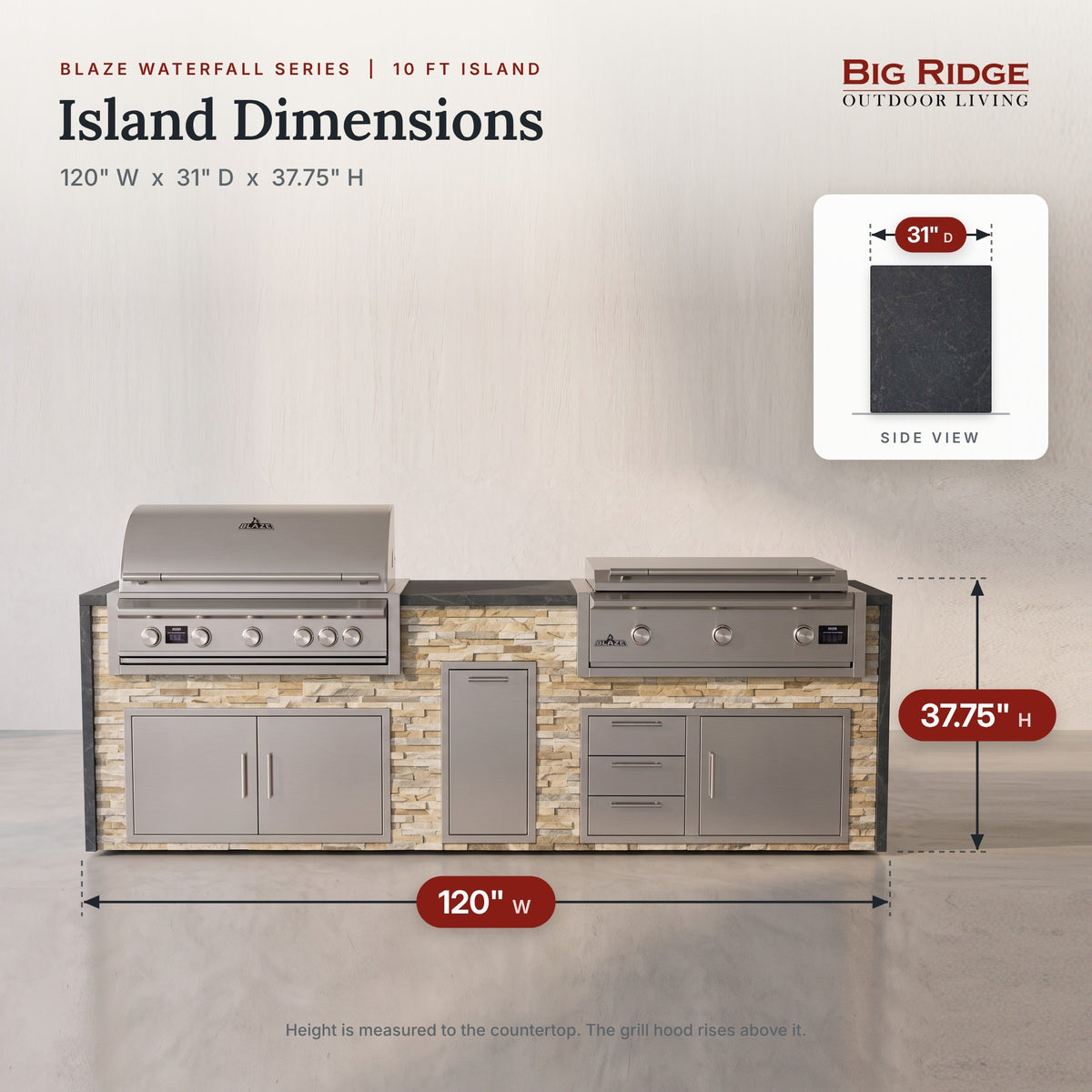 10 ft grill and griddle island measures 120 inches wide, 31 inches deep and 37.75 inches high to the countertop