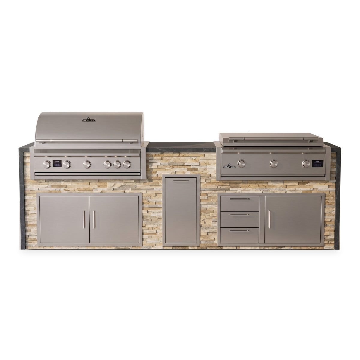Front view of the Sunkissed Dune and Charred Onyx 10 ft island with Blaze grill and griddle over double doors, a trash drawer and a door and triple drawer combo