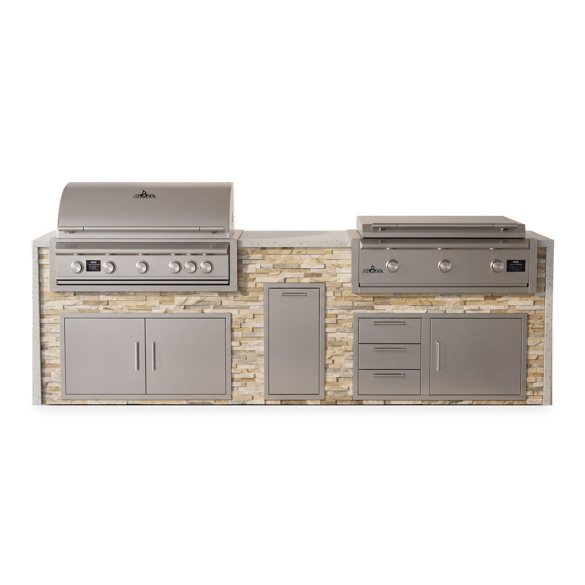 Front view of the Sunkissed Dune and Frosted Ember 10 ft island with Blaze grill and griddle over double doors, a trash drawer and a door and triple drawer combo